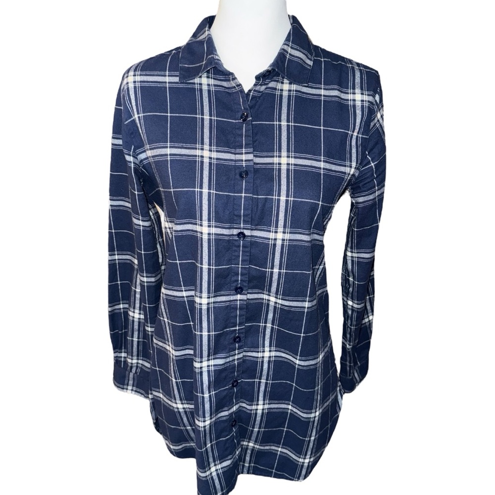 Garnet Hill Women's Blue & White Plaid Flannel Button-Up Tunic top Shirt Size 6